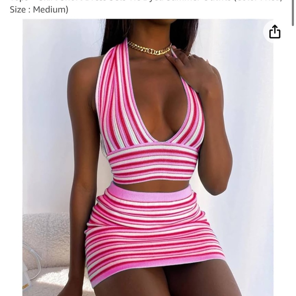 NWOT Women’s 2 Piece Halter Set With Skirt Pink & White